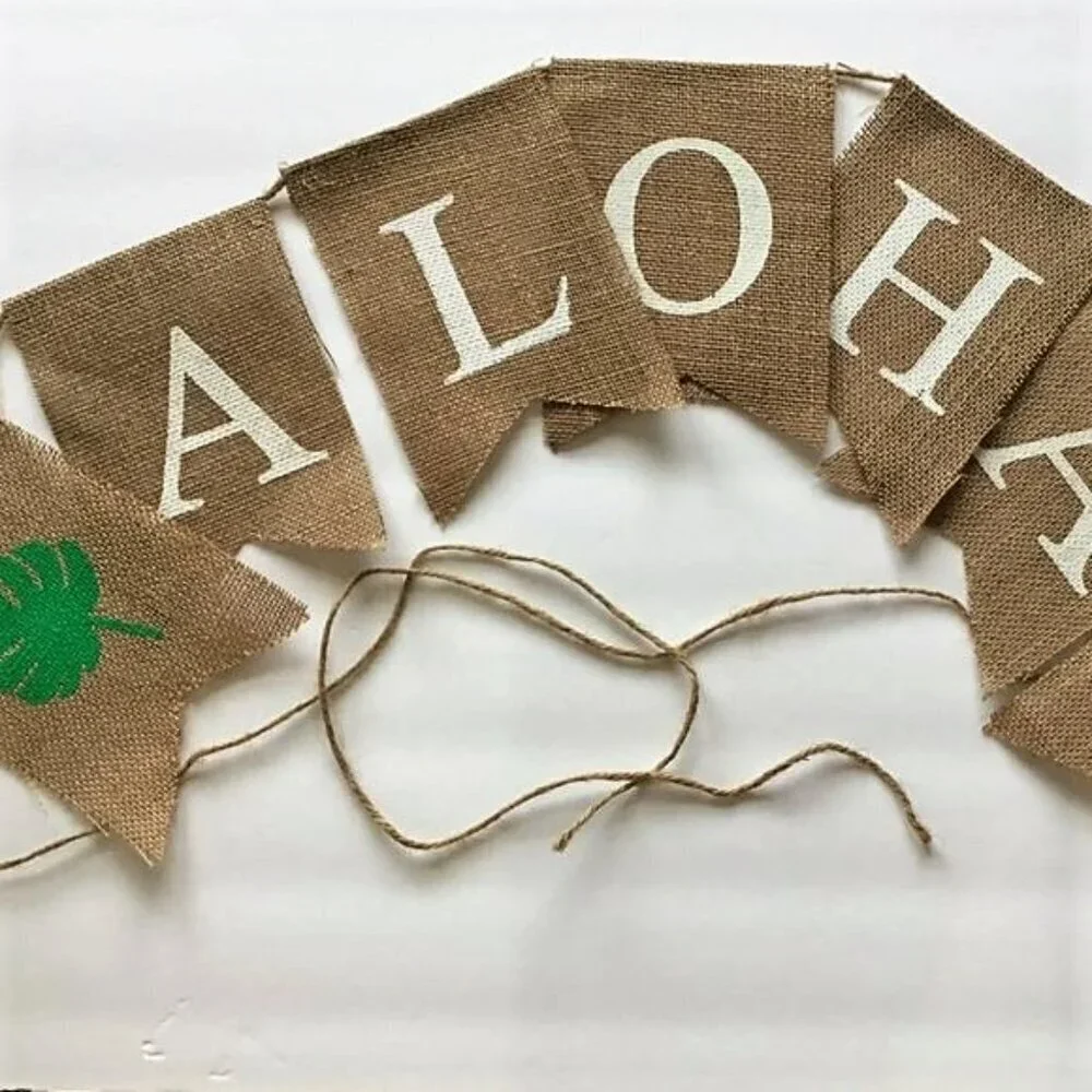 NEW ALOHO RUSTIC BURLAP BANNER PALM LEAVES HAWAIIAN TROPICAL PARTY DECOR